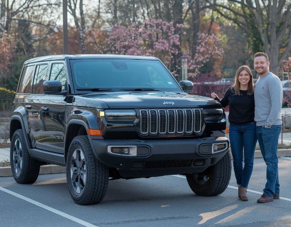2024 Jeep Black Man and Woman beside after repairs at Lindsay Collision Center 2024 Jeep Black customers standing next to it at Lindsay Collision Center, Manassas