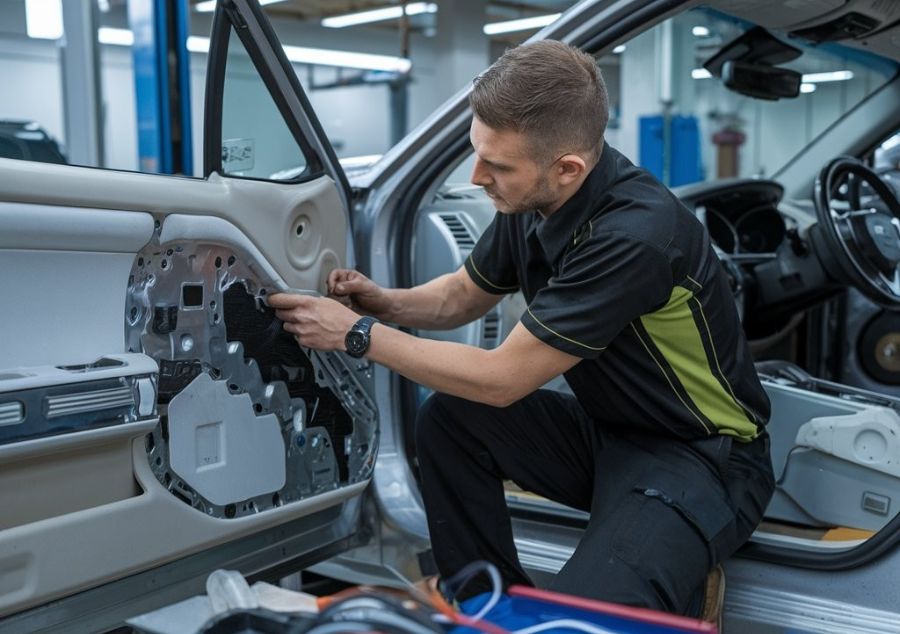 Auto-Body-technician-working-on-interior-of-car-door-Lindsay-Collision-Center