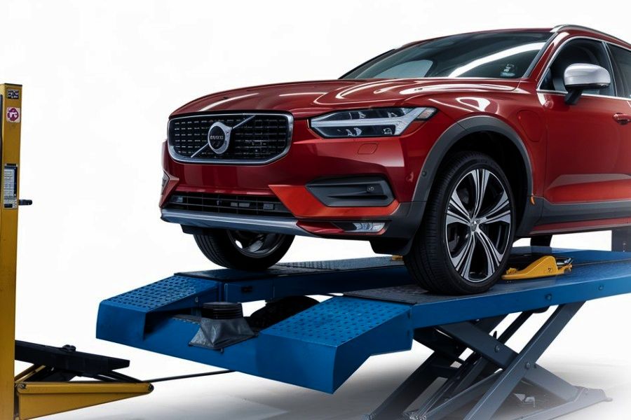 Red-Volvo-on-Frame-Machine-for-auto body frame-repair-Lindsay-Collision-Center 