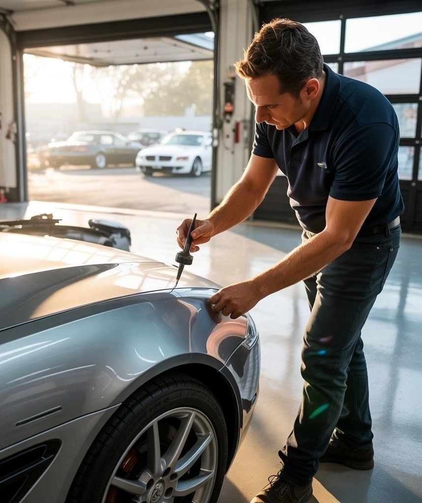 auto-body-tech-doing-pdr-on-a-car-in-shop-at-Lindsay-collision-center-