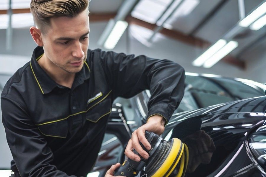 Auto-Body-technician-working-on-interior-of-car-door-Lindsay-Collision-Center